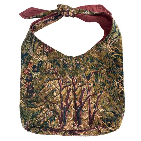 Handmade Tapestry Fabric Shoulder Knot Bag With Bow Tie Strap Toggle Closure - Picture 5 of 9